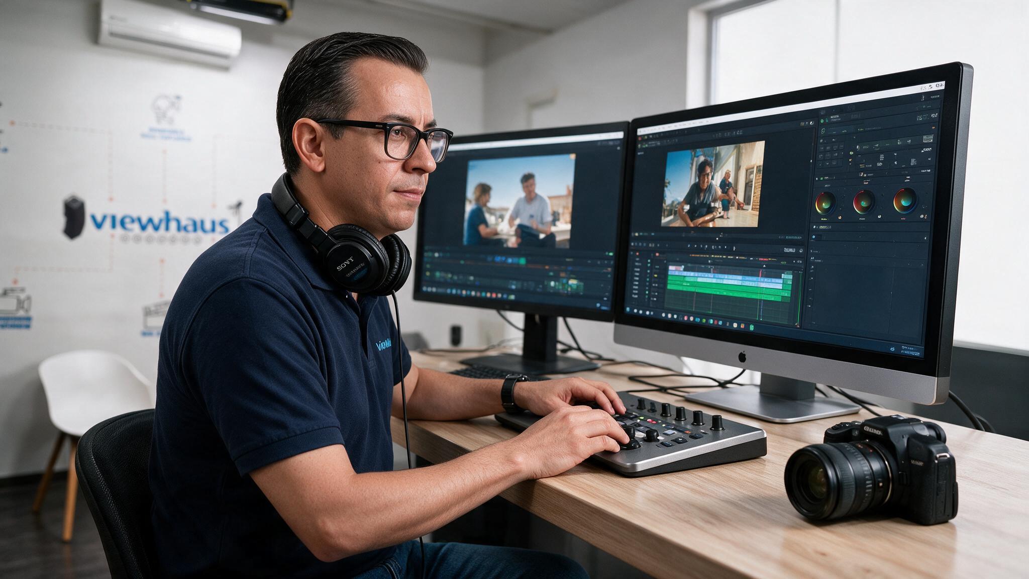 Miembro del equipo de Viewhaus trabajando con DaVinci Resolve Studio en su propio estudio